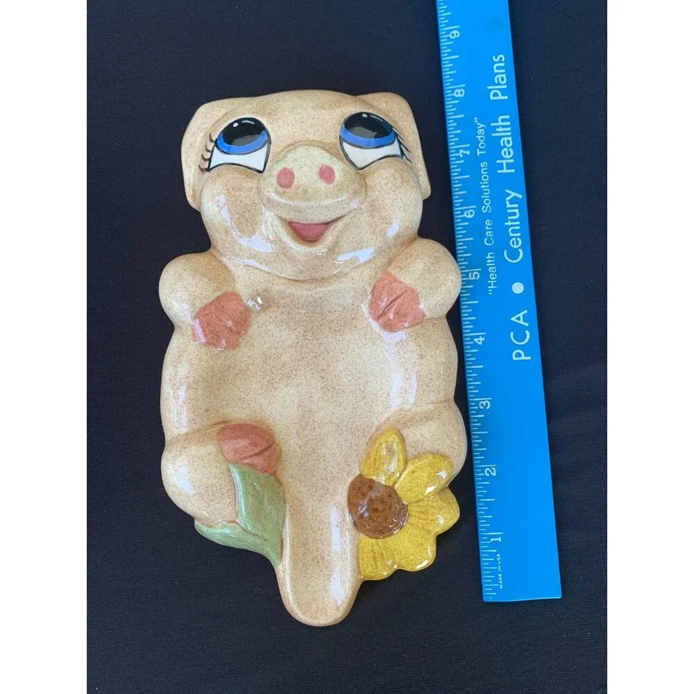 Vintage Anthropomorphic Pig Spoon Rest Flowers Big Eyes Smiling